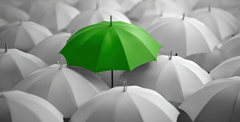 A green umbrella nestled among white umbrellas, symbolizing the concept of standing out from your competition and presenting unique product or service features