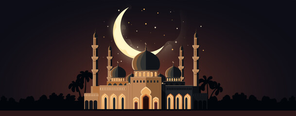 Beautiful vector design of a mosque under the crescent moon, ideal for festive Ramadan and Eid illustrations, spiritual themes, cultural decorations, and oriental patterns.