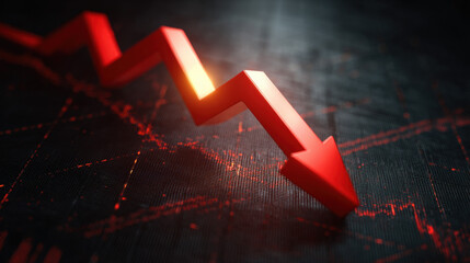 bold red downward sloping arrow on dark grid background with subtle data points dramatic glow financial crisis concept illustration concept scene visual for commercial design use high detail quality