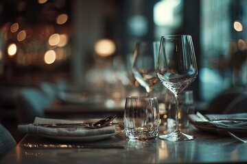 Cinematic photograph of an elegant restaurant table with wine glasses and cutlery
