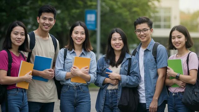 A group of happy young asian students with backpacks and books standing together in front of a university building, a concept of higher education, campus life, and friendship