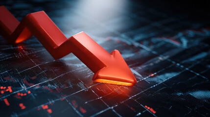 bold red downward sloping arrow on dark grid background with subtle data points dramatic glow financial crisis concept illustration concept scene visual for commercial design use high detail quality