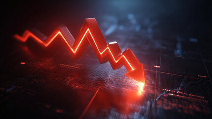bold red downward sloping arrow on dark grid background with subtle data points dramatic glow financial crisis concept illustration concept scene visual for commercial design use high detail quality
