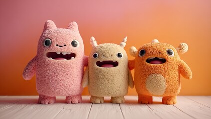 Three Cute Monsters Standing Next