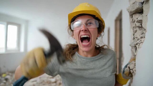 An expressive woman in a hard hat and safety goggles screams while holding a hammer during a home renovation, a concept of demolition, DIY projects, and female empowerment