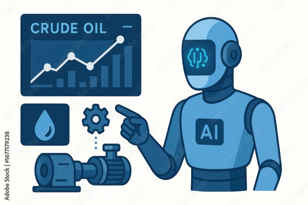 Poster artificial intelligence robot analyzing crude oil production data in flat design style