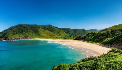 turquoise water meets sandy beach backed by lush green hills under clear blue skies on sunny day