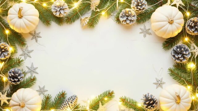 A festive flat lay frame made of fir branches, white pumpkins, pine cones, and lights on a white background, a concept for a Christmas or Thanksgiving holiday greeting card