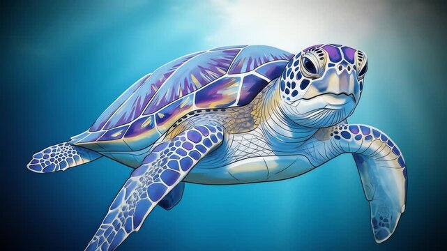 Vibrant abstract illustration of a turtle swimming underwater with a gradient blue background