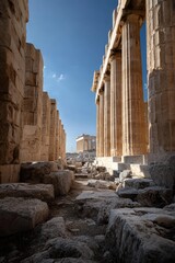 A majestic view of the Parthenon rising against a clear blue sky, its towering marble columns bathed in soft afternoon sunlight