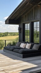 Relax on a modern deck with lush green landscape views on a sunny day