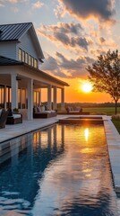 Obraz premium Stunning modern home with infinity pool bathed in golden sunset light, perfect for luxury lifestyle.