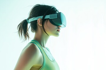 Immersive virtual reality experience, young woman exploring digital world with VR headset