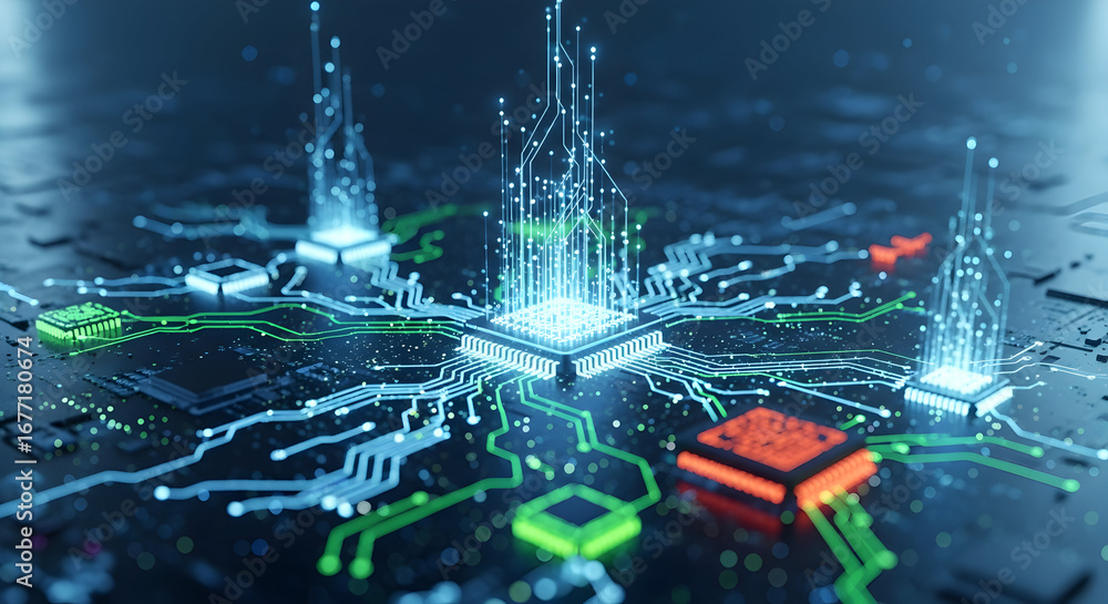 Aufkleber abstract technology. dynamic abstract circuit board design with glowing lines and data points, perfe