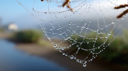 A close-up of a spider web covered in dewdrops on a foggy morning