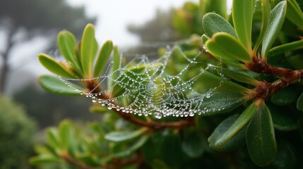 A close-up of a spider web covered in dewdrops on a foggy morning