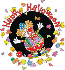 Happy Halloween card with a funny clown waving in greeting among falling and swirling autumn leaves, vector cartoon illustration on white