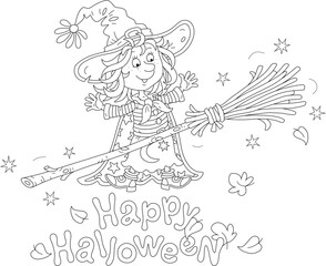 Happy little Halloween witch and her magical flying broom, black and white outline vector cartoon illustration for a coloring book