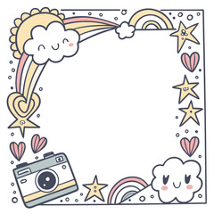 Vector art of a charming square frame, featuring delightful cartoon illustrations of rainbows, clouds, hearts, stars, and a vintage camera, perfect for adding a touch of whimsy to any project
