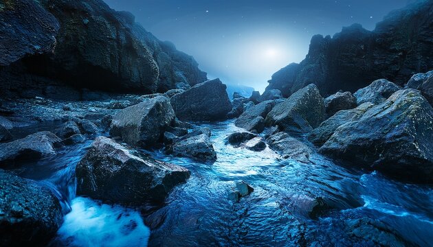 jagged dark rocks surround a glowing blue flow