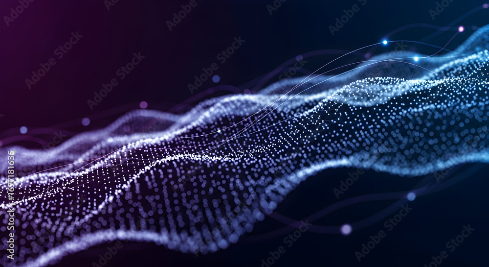 Poster technology data visualization with glowing blue and purple dots and lines representing digital infor