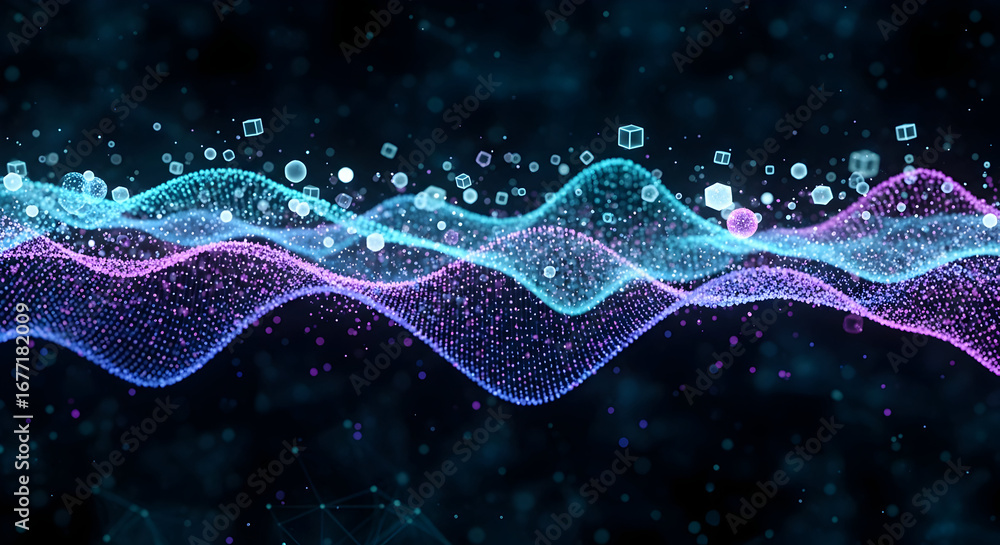 Fototapete 3d data visualization with flowing digital network connecting points, perfect for tech concepts. wav
