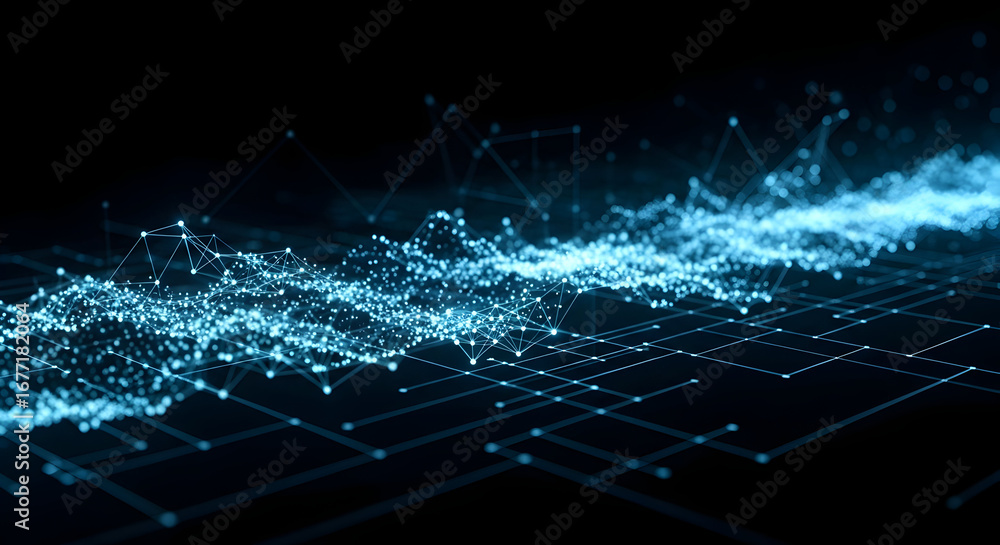 Fototapete 3d data visualization with flowing digital network connecting points, perfect for tech concepts. wav