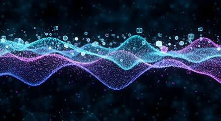 3D data visualization with flowing digital network connecting points, perfect for tech concepts. Wave technology