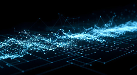 Obraz premium 3D data visualization with flowing digital network connecting points, perfect for tech concepts. Wave technology