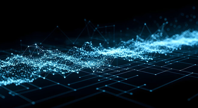 3D data visualization with flowing digital network connecting points, perfect for tech concepts. Wave technology