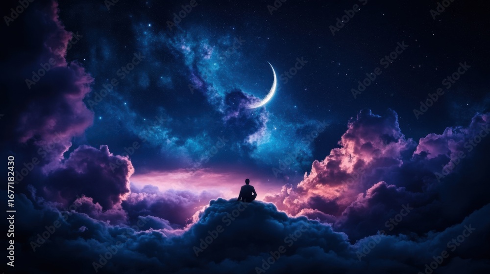 Wall mural realistic photograph a man sitting on a cloud in the night sky with clouds and crescent moon lightin