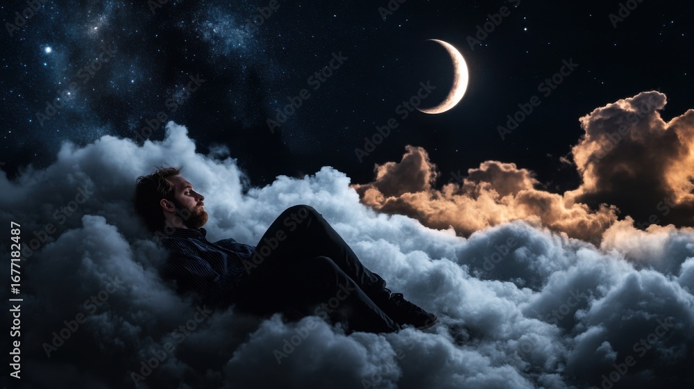 Wall mural realistic photograph a man sitting on a cloud in the night sky with clouds and crescent moon lightin