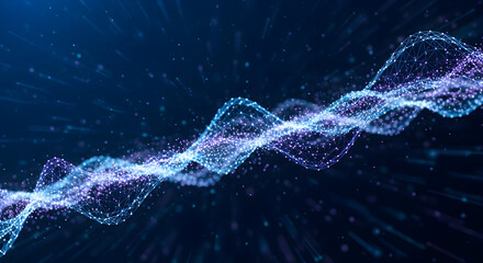 Technology data visualization with glowing blue and purple dots and lines representing digital information flow in cyberspace