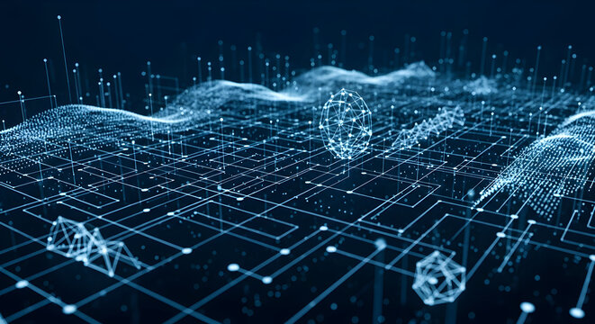 Digital background. 3D data visualization with flowing digital network connecting points, perfect for tech concepts. Wave technology - Powered by Adobe