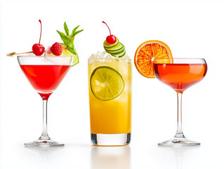 Fototapeta premium A vibrant display of three refreshing cocktails with colorful garnishes, perfect for summer gatherings and celebrations.