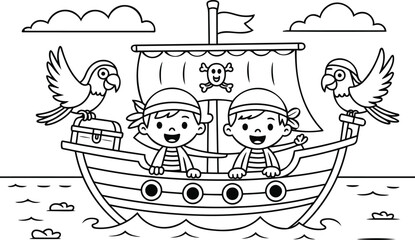 Happy Pirate Boys Sailing Ship Cartoon Line Art Illustration