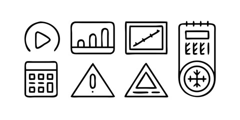 Vector art of set of various icons including a play button, graphs, calculator, warning signs, and a thermometer, representing technology and data
