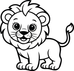 Adorable Cartoon Lion Cub, Black and White Line Art, Cheerful Childlike Style