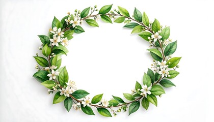 Naklejka premium Elegant Floral Wreath: A Botanical Frame of White Blossoms and Lush Green Leaves