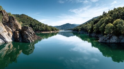 Serene lake reflecting a tranquil landscape of lush greenery and rocky shores under a clear sky.