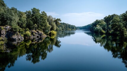 Fototapeta premium A serene river flows through a lush green valley, its calm waters reflecting the surrounding trees and rocky banks, creating a tranquil and peaceful scene.
