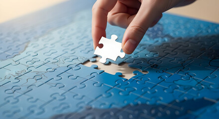 Hand placing the final puzzle piece into a futuristic circular interface symbolizing problem solving, strategy and digital integration