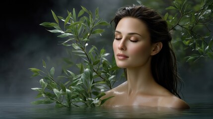 Fototapeta premium Captivating Calmness: A Dreamy Portrait of a Woman Submerged in a Pool Surrounded by Nature's Leafy Embrace