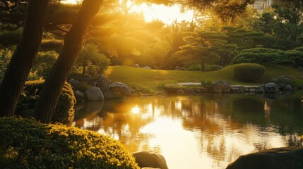 Obraz premium photorealistic, medium shot, golden hour, vintage, minimalistic, japanese garden 