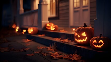 Obraz premium A captivating and atmospheric shot of glowing Jack-o'-lanterns illuminating a cozy autumn night, perfect for creating a spooky yet inviting Halloween design