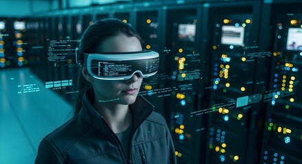 Woman in VR headset surrounded by servers, exploring virtual reality and data