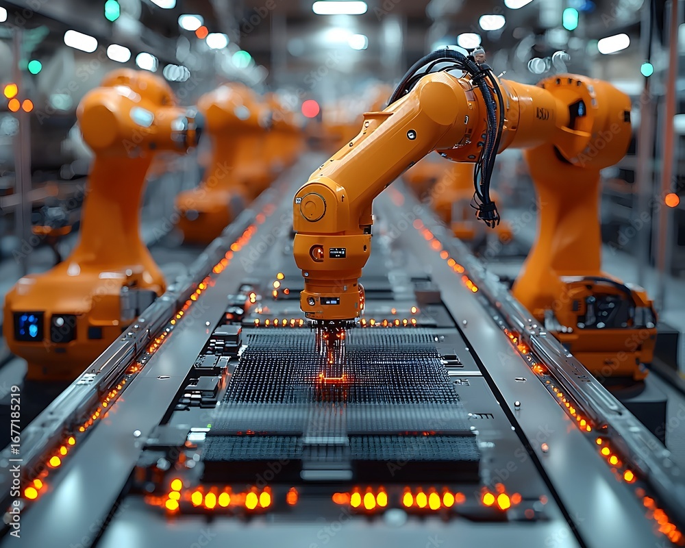 Poster fully automated textile factory with robotic arms weaving high tech smart fabrics