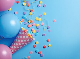 Pastel-colored party decorations, including balloons, a paper cone filled with colorful candies, and confetti, on a light-blue background