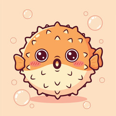 Obraz premium Cute pufferfish swimming in bubbly ocean, showcasing its round body and surprised expression, creating an adorable and whimsical scene.