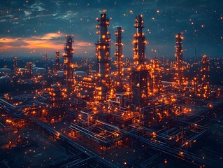 Fototapeta premium Illuminated oil refinery in a vibrant industrial cityscape at night